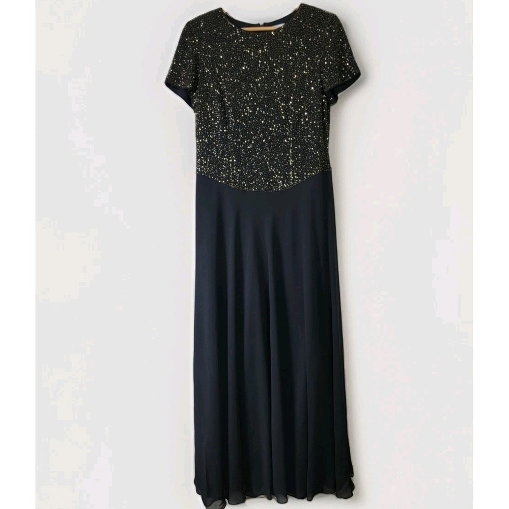 Bieff‎ Basix Women's 100% Silk Beaded Short Sleeve Maxi Evening Dress Size 14